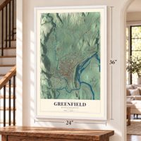 Greenfield, Massachusetts map, 24 x 36 inch print in a white frame by a staircase