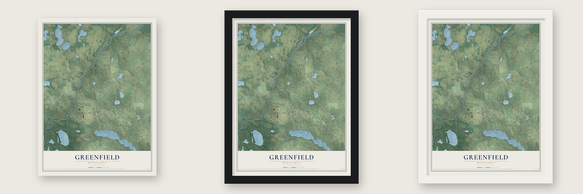 Greenfield, Minnesota map unframed, in a black wood frame and in a white wood frame