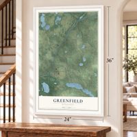 Greenfield, Minnesota map, 24 x 36 inch print in a white frame by a staircase