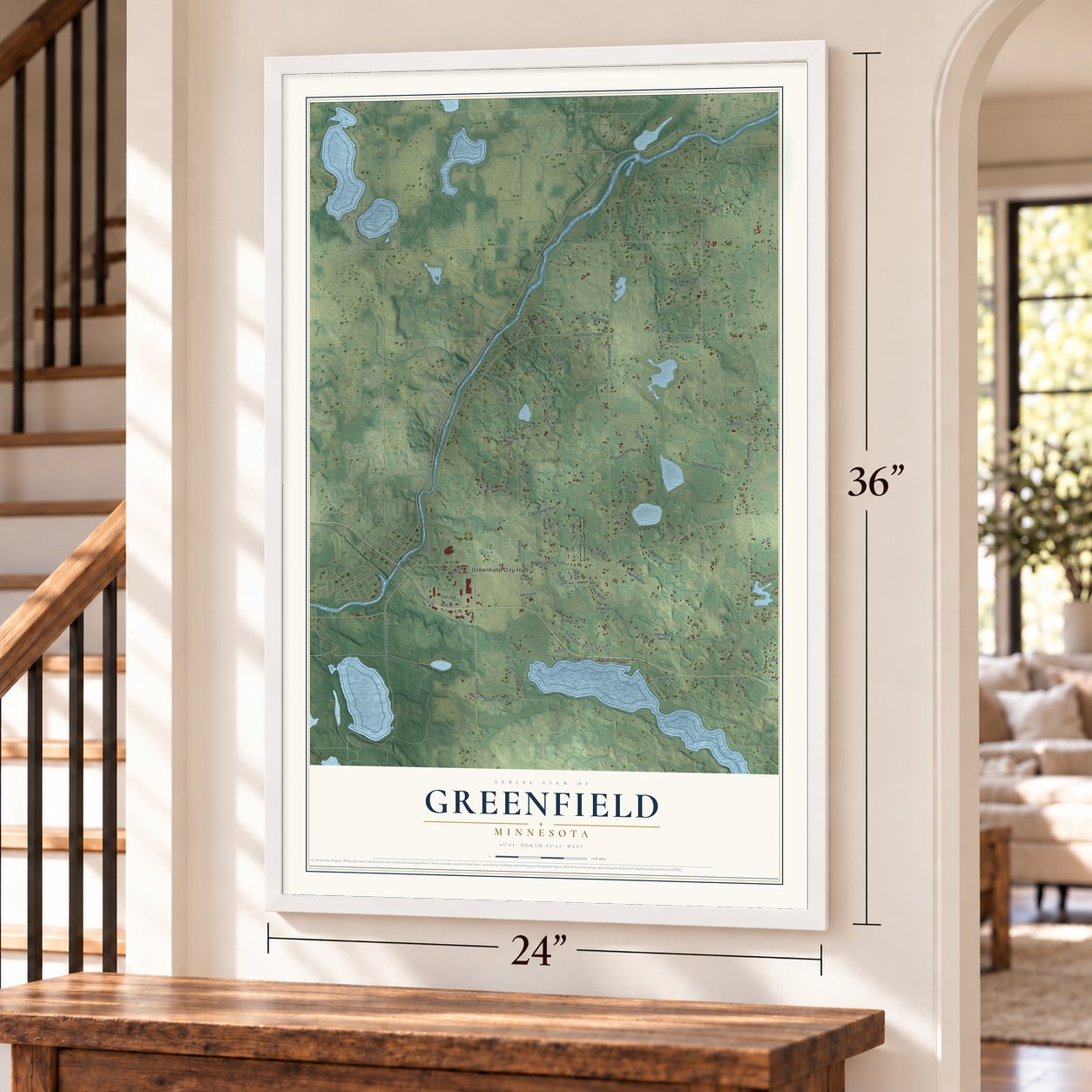 Greenfield, Minnesota map, 24 x 36 inch print in a white frame by a staircase