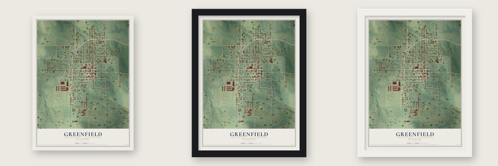 Greenfield, Missouri map unframed, in a black wood frame and in a white wood frame