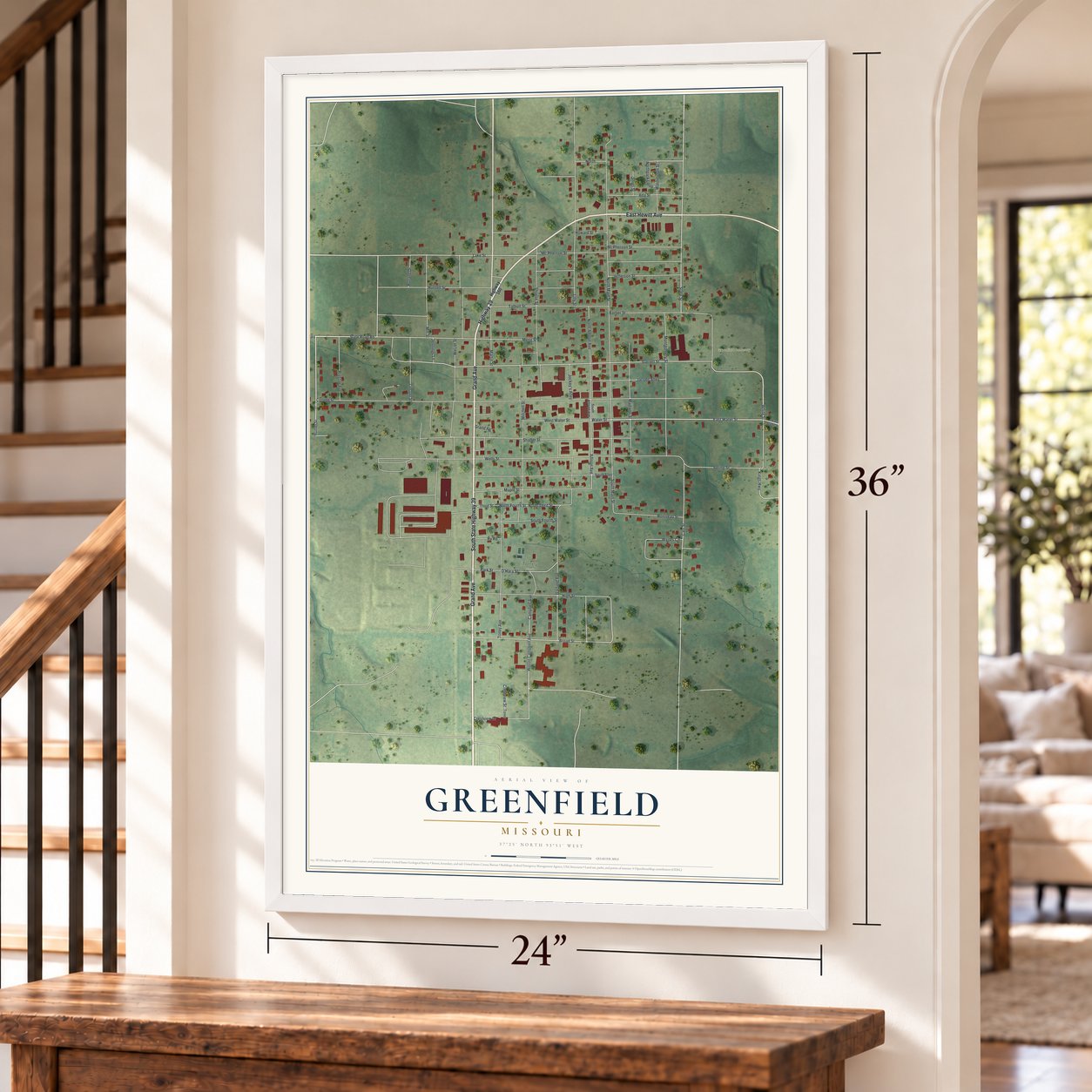 Greenfield, Missouri map, 24 x 36 inch print in a white frame by a staircase