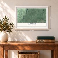 Greenfield, New York map, 12 x 18 inch print in a white frame in an entryway