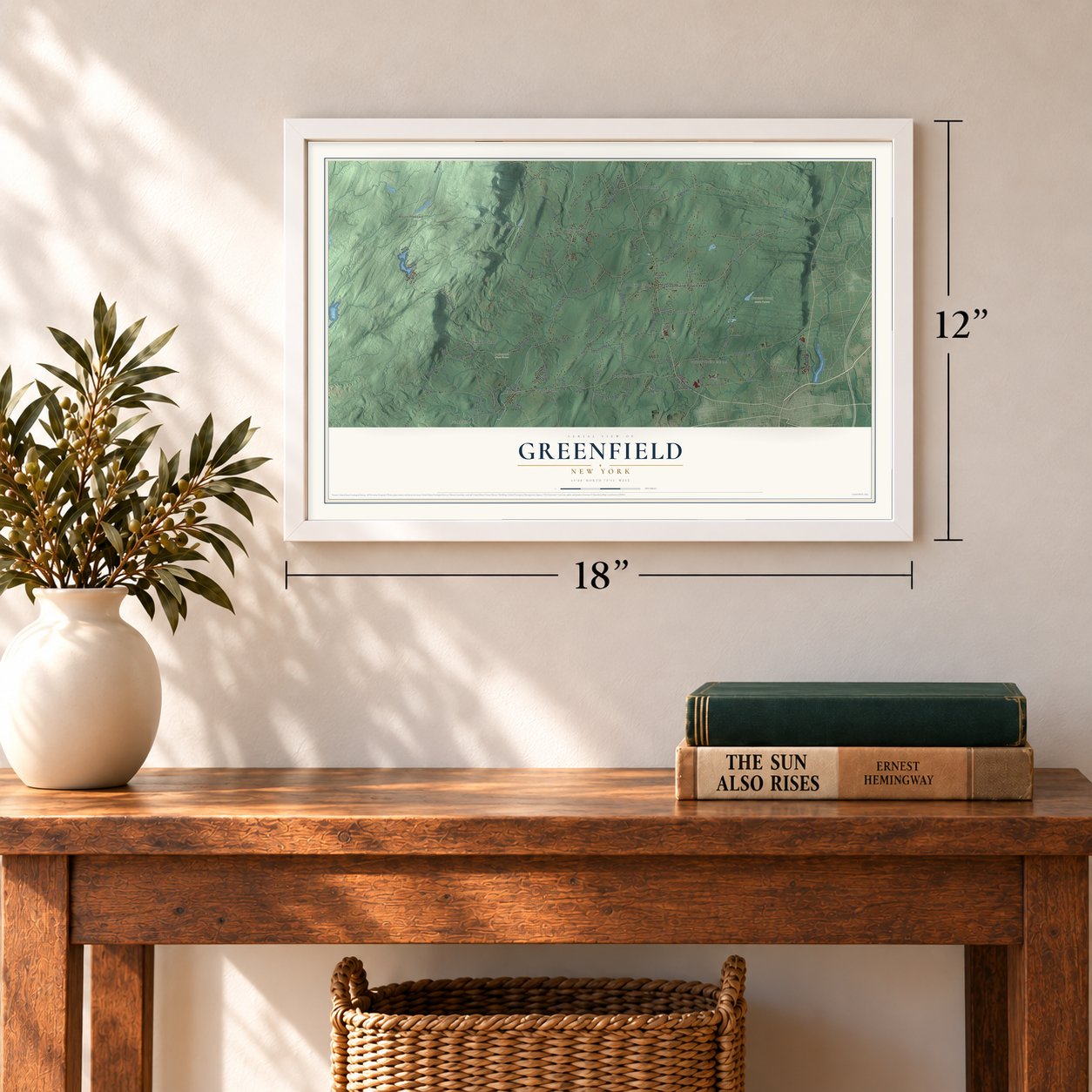 Greenfield, New York map, 12 x 18 inch print in a white frame in an entryway