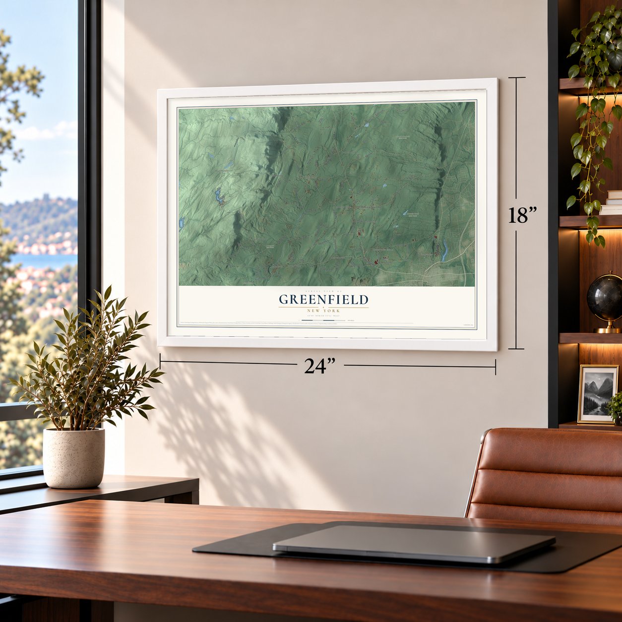 Greenfield, New York map, 18 x 24 inch print in a white frame in a home office
