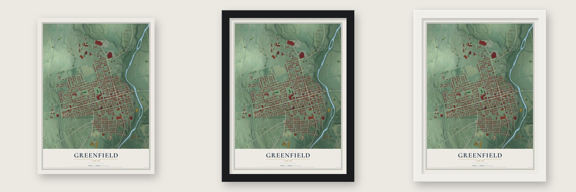 Greenfield, Ohio map unframed, in a black wood frame and in a white wood frame