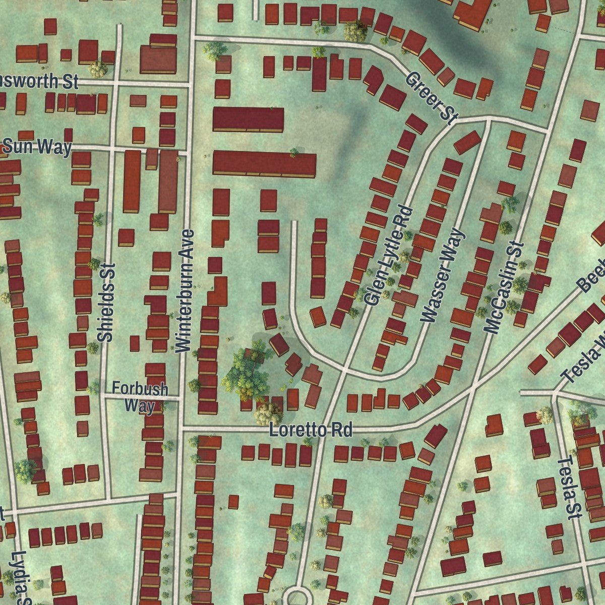 Second close-up of the map of Greenfield, Pennsylvania print showing more streets and buildings