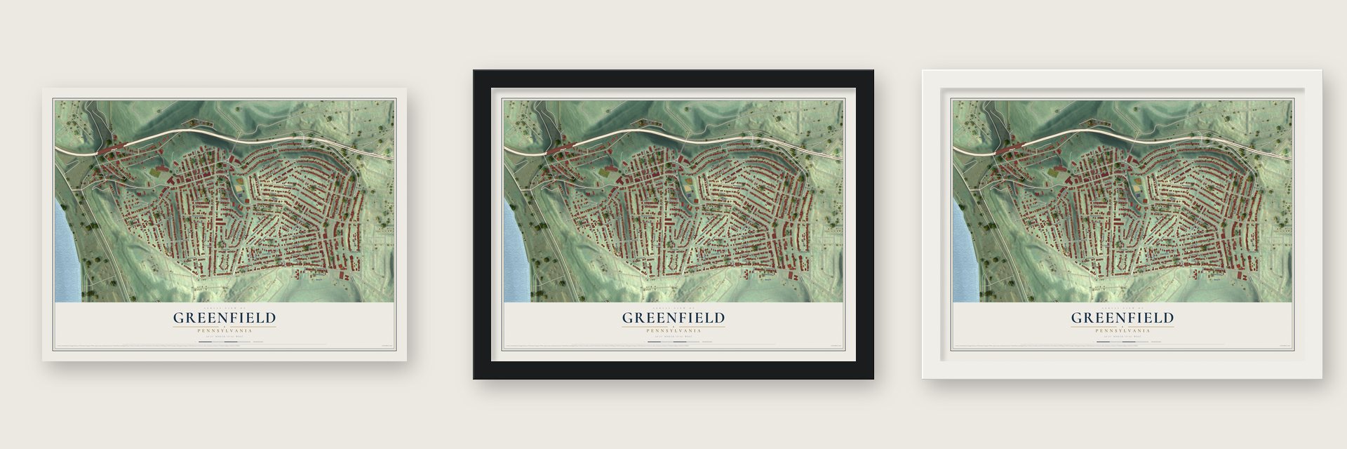 Greenfield, Pennsylvania map unframed, in a black wood frame and in a white wood frame