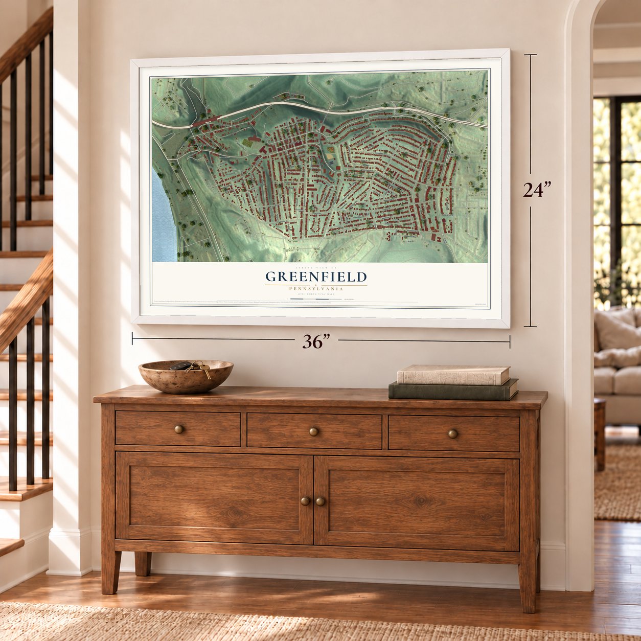 Greenfield, Pennsylvania map, 24 x 36 inch print in a white frame above a dresser by a staircase