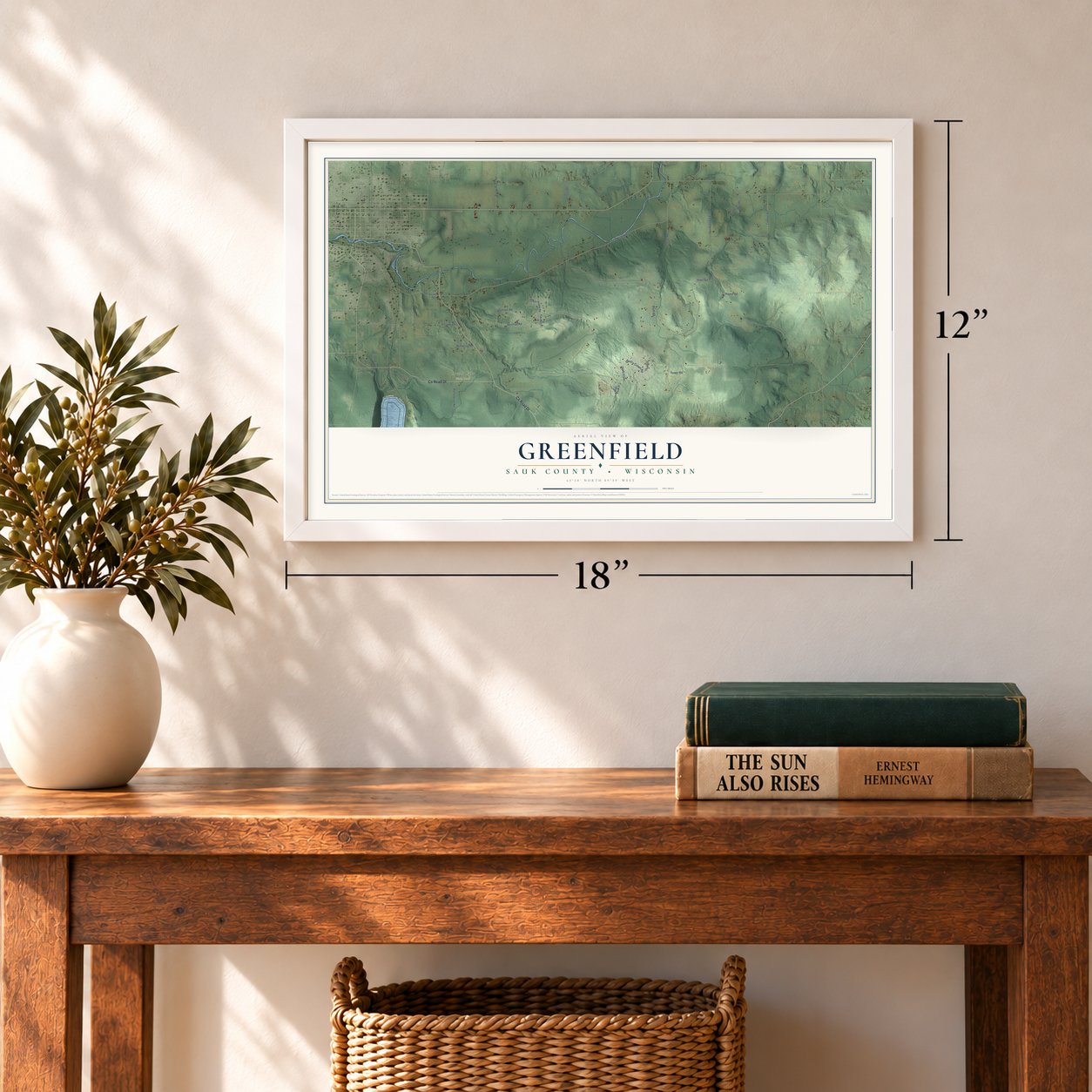 Greenfield, Sauk County, Wisconsin map, 12 x 18 inch print in a white frame in an entryway