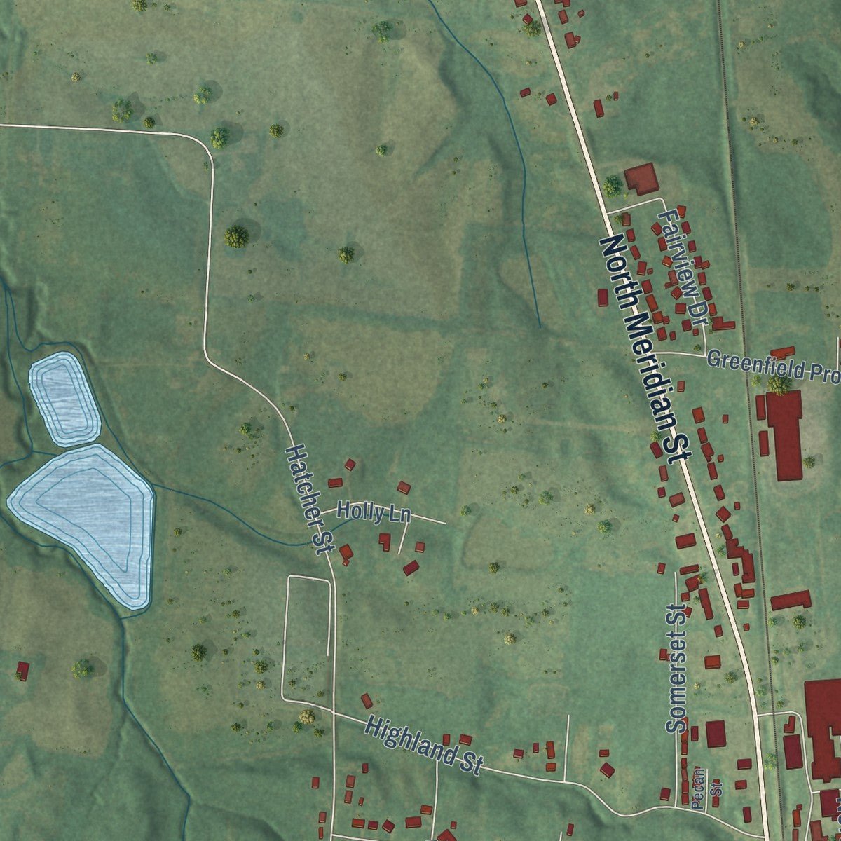 Second close-up of the map of Greenfield, Tennessee print showing more streets and buildings