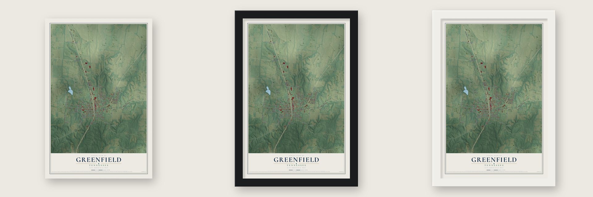 Greenfield, Tennessee map unframed, in a black wood frame and in a white wood frame