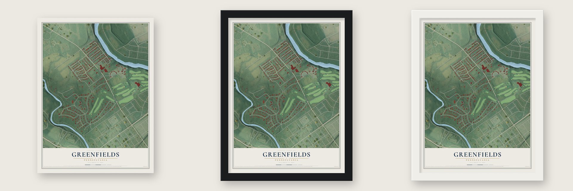 Greenfields, Pennsylvania map unframed, in a black wood frame and in a white wood frame