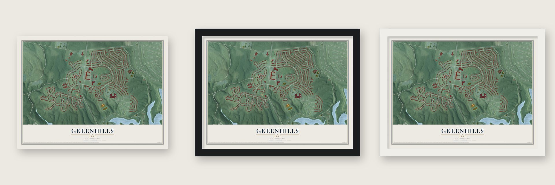 Greenhills, Ohio map unframed, in a black wood frame and in a white wood frame