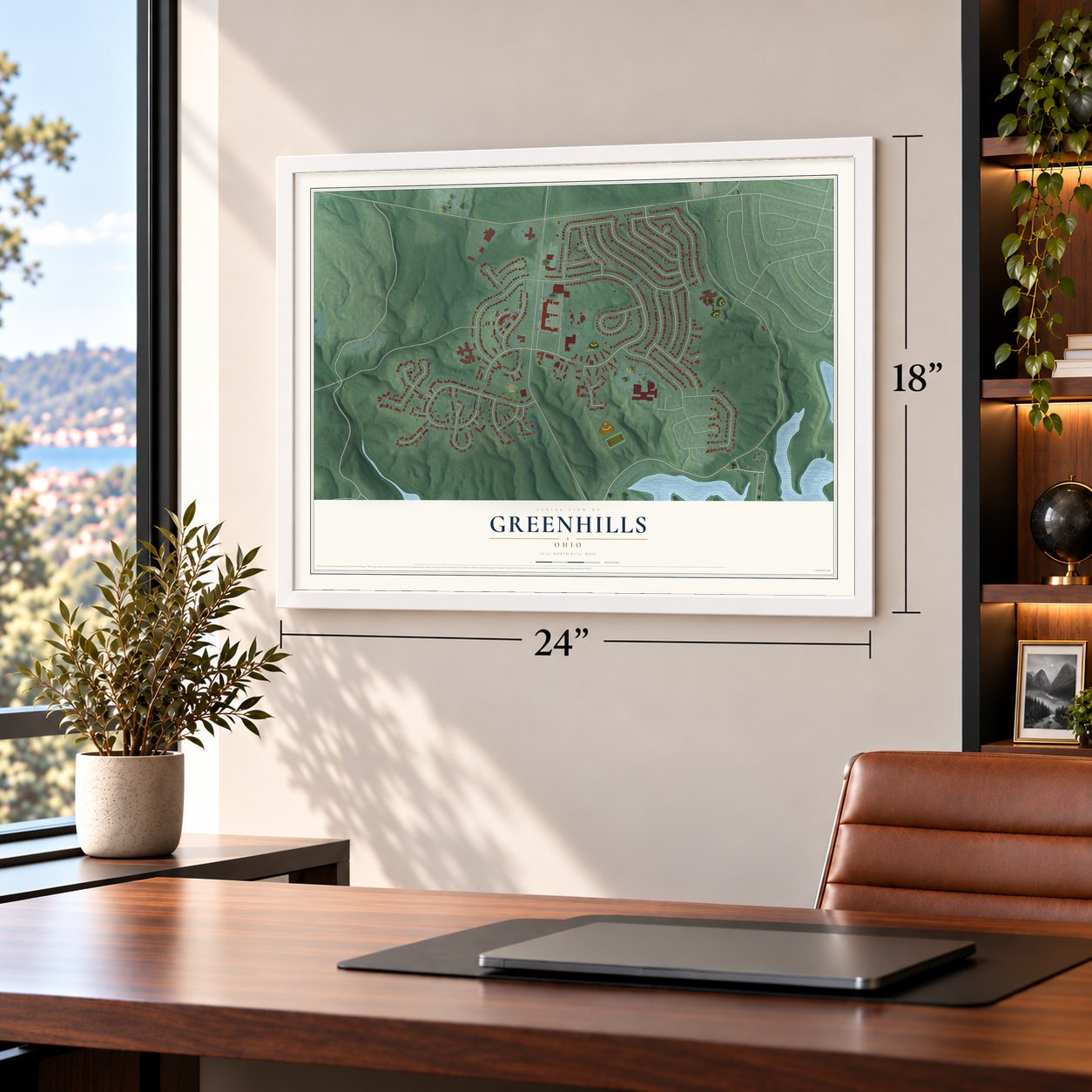 Greenhills, Ohio map, 18 x 24 inch print in a white frame in a home office