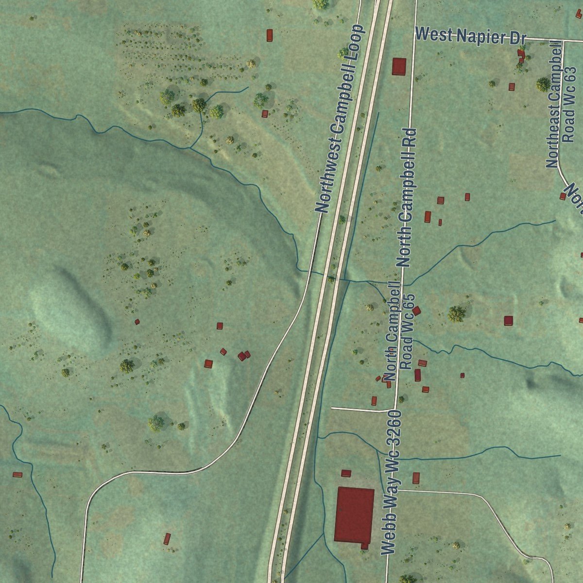 Second close-up of the map of Greenland, Arkansas print showing more streets and buildings