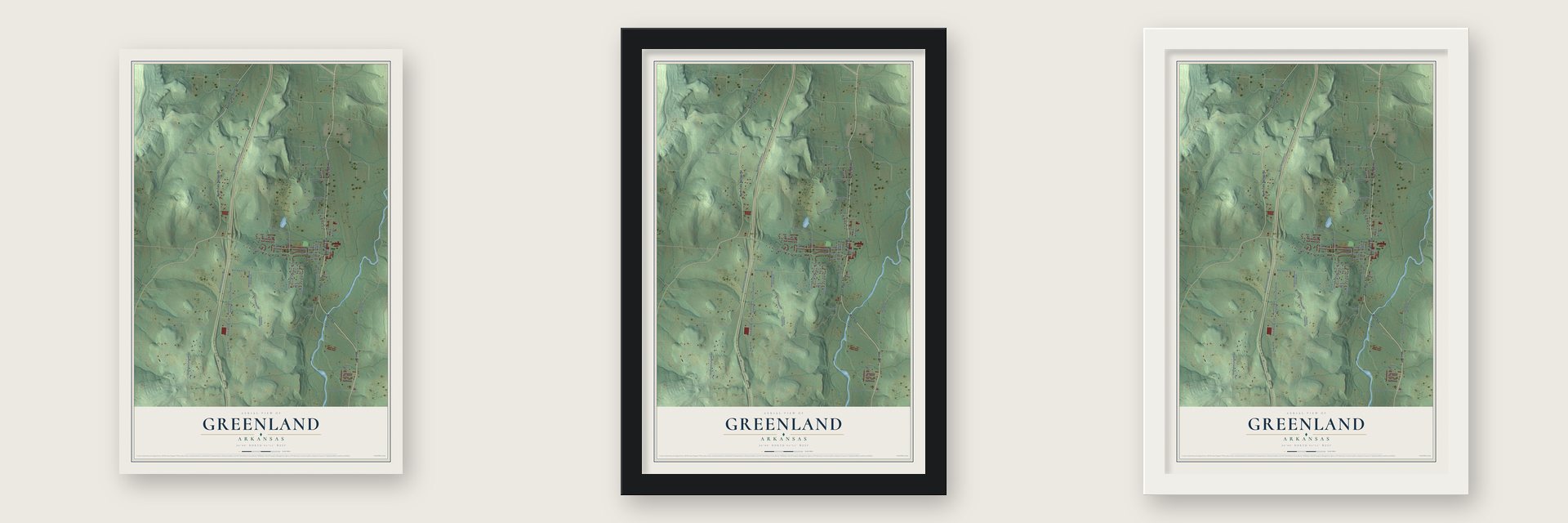 Greenland, Arkansas map unframed, in a black wood frame and in a white wood frame