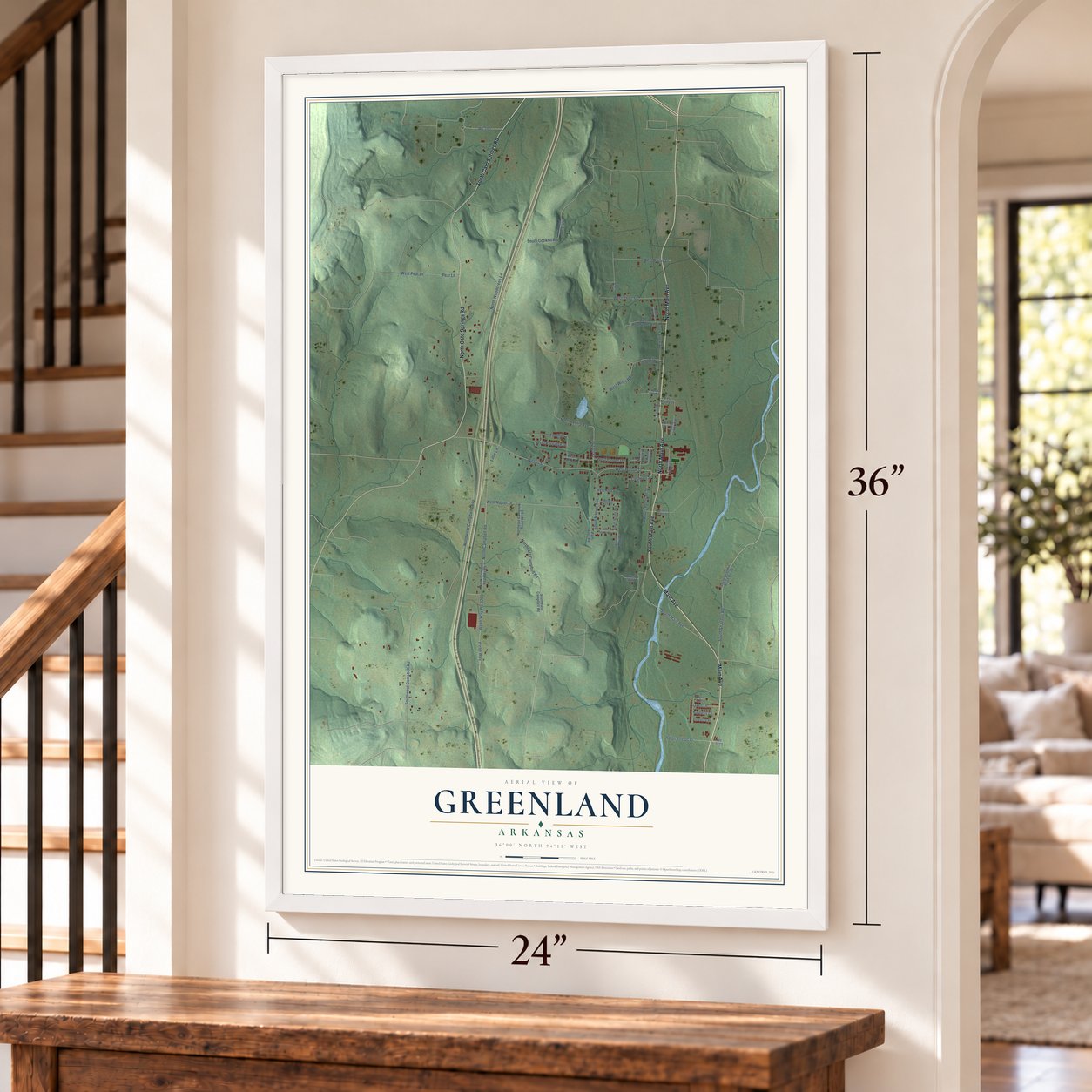 Greenland, Arkansas map, 24 x 36 inch print in a white frame by a staircase