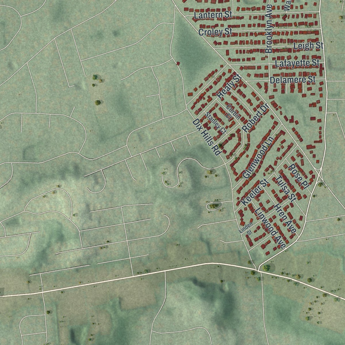 Second close-up of the map of Greenlawn, New York print showing more streets and buildings