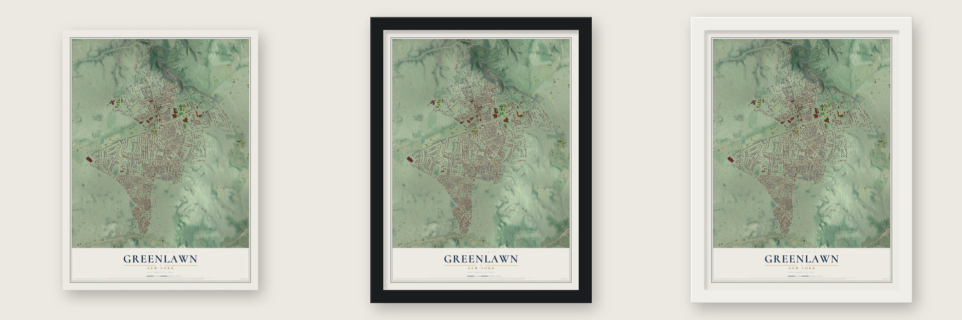 Greenlawn, New York map unframed, in a black wood frame and in a white wood frame