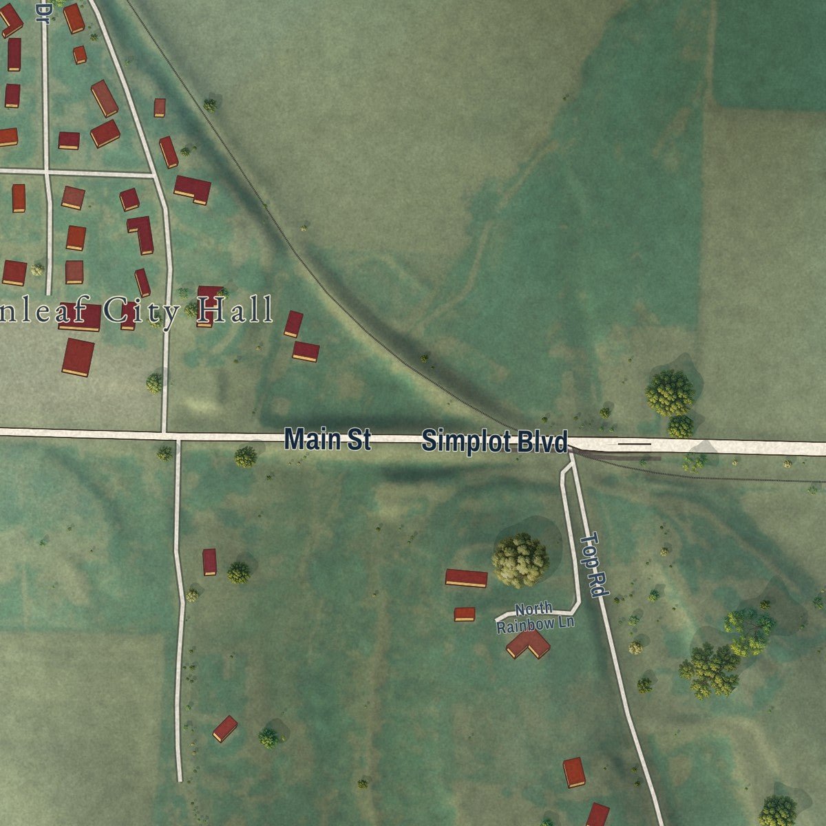 Second close-up of the map of Greenleaf, Idaho print showing more streets and buildings
