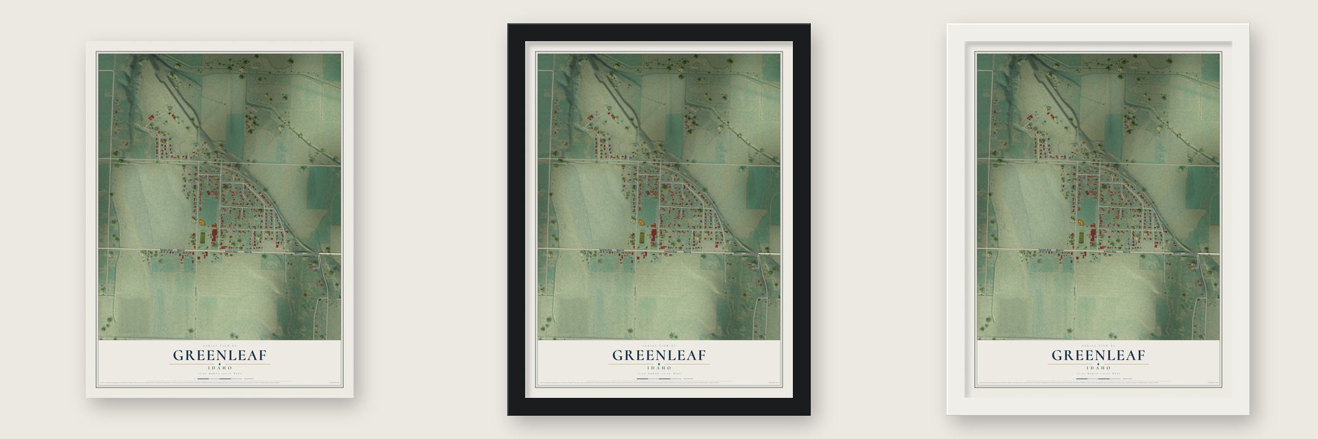 Greenleaf, Idaho map unframed, in a black wood frame and in a white wood frame