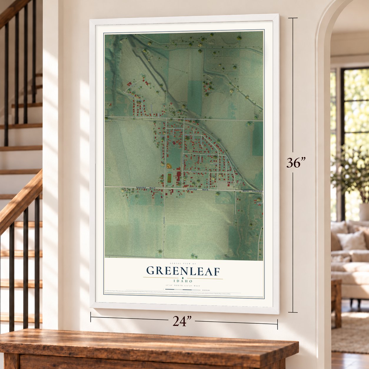 Greenleaf, Idaho map, 24 x 36 inch print in a white frame by a staircase