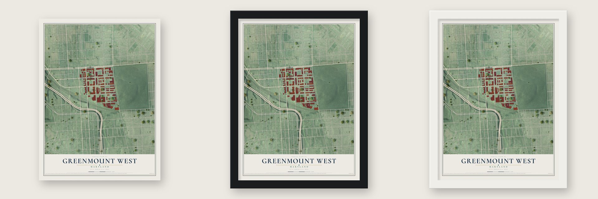 Greenmount West, Maryland map unframed, in a black wood frame and in a white wood frame