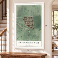 Greenmount West, Maryland map, 24 x 36 inch print in a white frame by a staircase