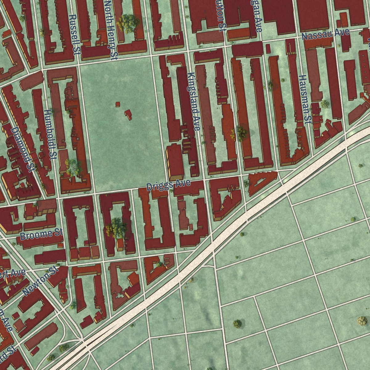 Second close-up of the map of Greenpoint, New York print showing more streets and buildings