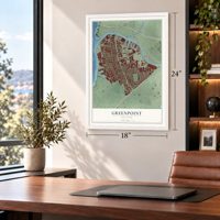 Greenpoint, New York map, 18 x 24 inch print in a white frame in a home office