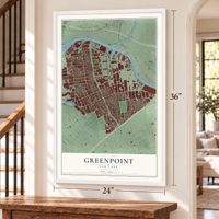 Greenpoint, New York map, 24 x 36 inch print in a white frame by a staircase