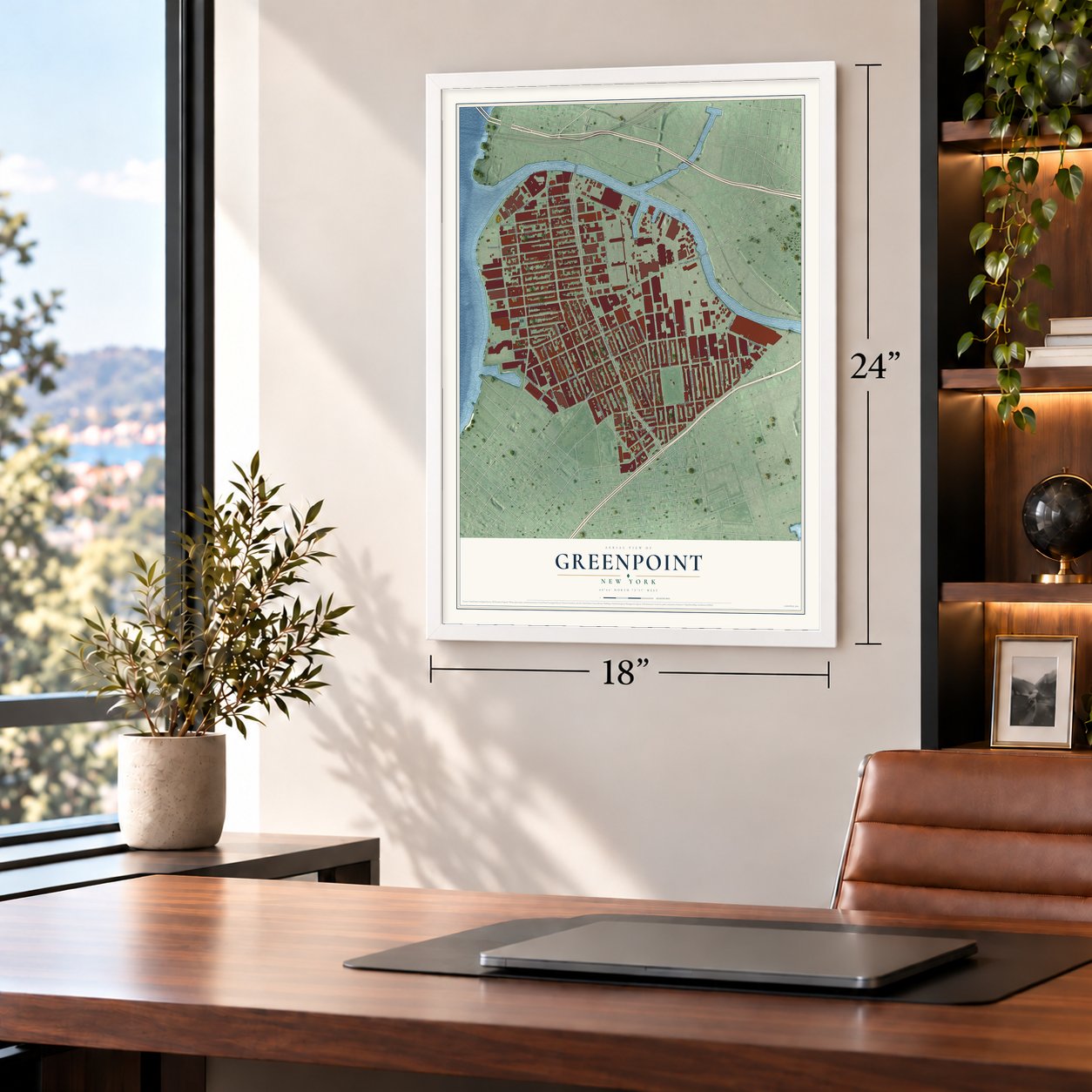 Greenpoint, New York map, 18 x 24 inch print in a white frame in a home office