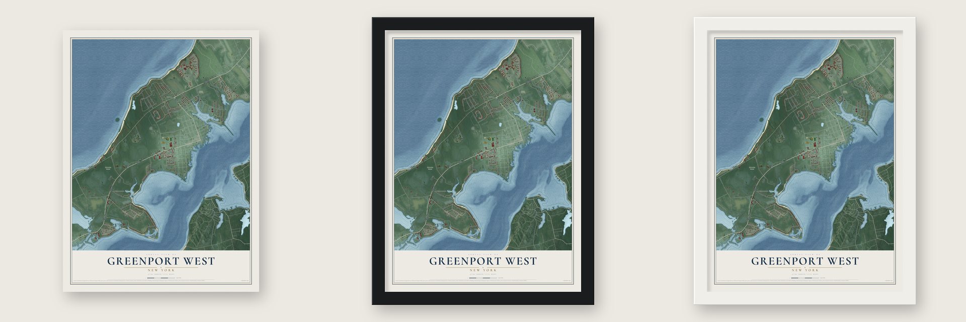 Greenport West, New York map unframed, in a black wood frame and in a white wood frame