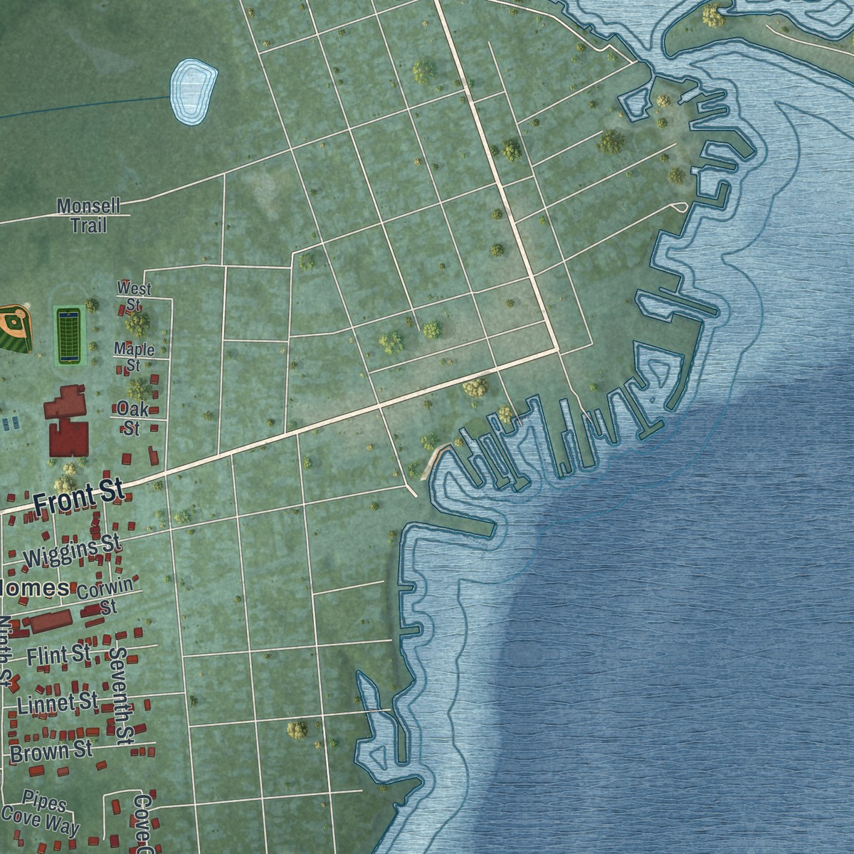 Second close-up of the map of Greenport West, New York print showing more streets and buildings