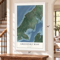 Greenport West, New York map, 24 x 36 inch print in a white frame by a staircase