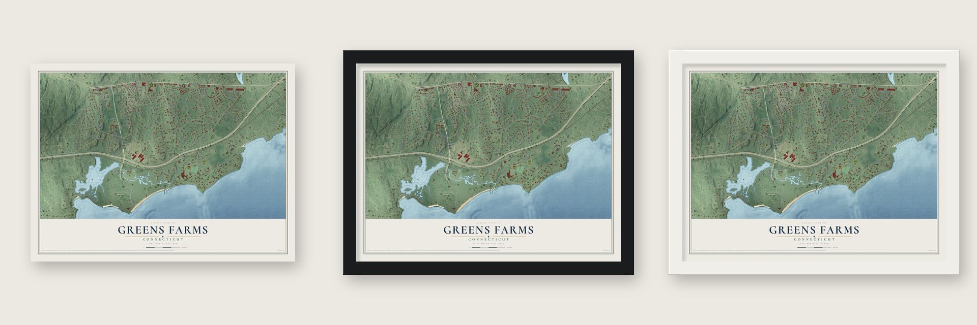 Greens Farms, Connecticut map unframed, in a black wood frame and in a white wood frame