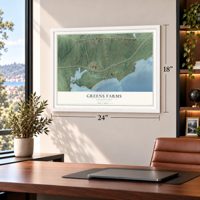 Greens Farms, Connecticut map, 18 x 24 inch print in a white frame in a home office