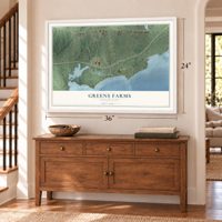 Greens Farms, Connecticut map, 24 x 36 inch print in a white frame above a dresser by a staircase