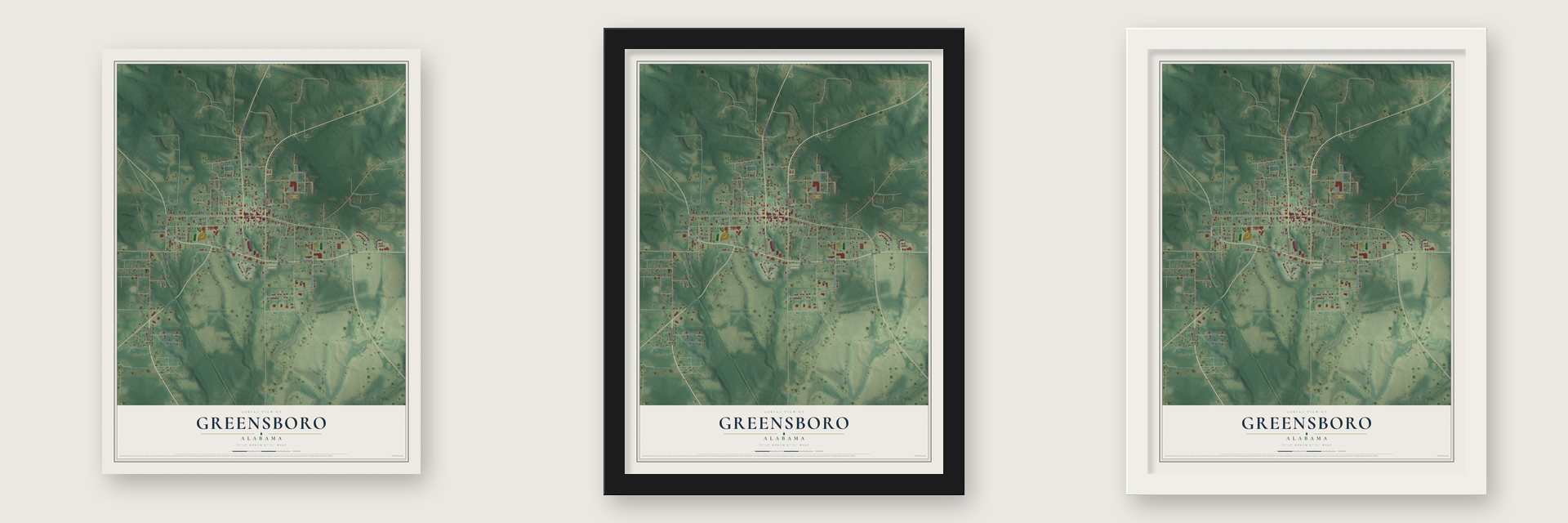 Greensboro, Alabama map unframed, in a black wood frame and in a white wood frame