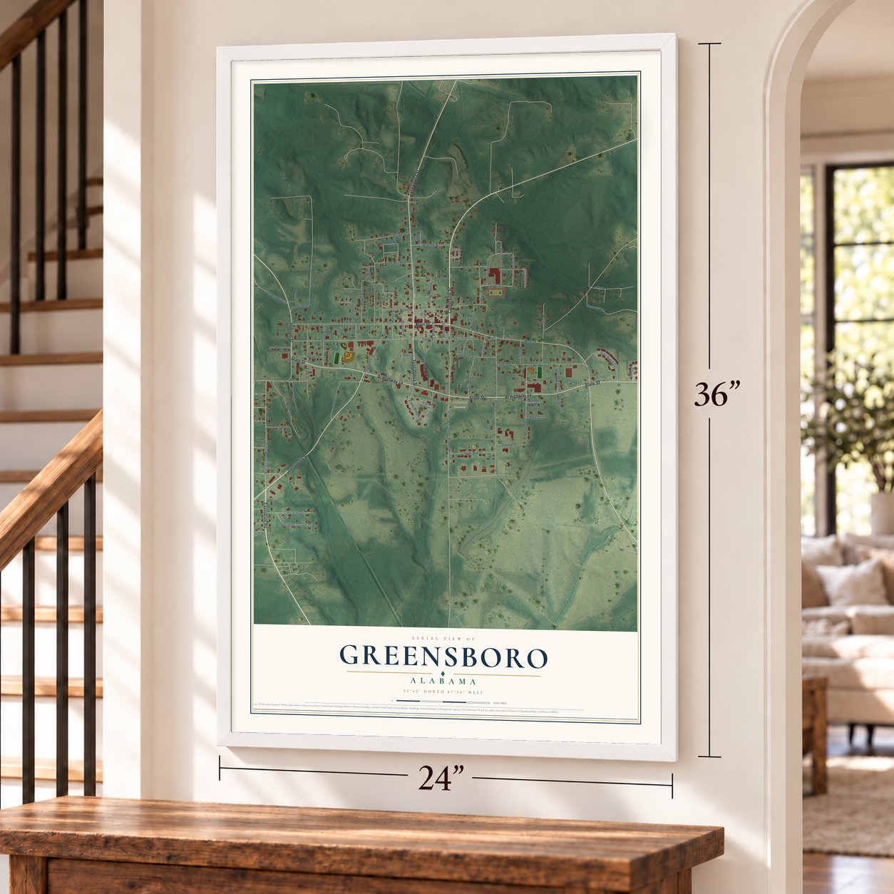 Greensboro, Alabama map, 24 x 36 inch print in a white frame by a staircase