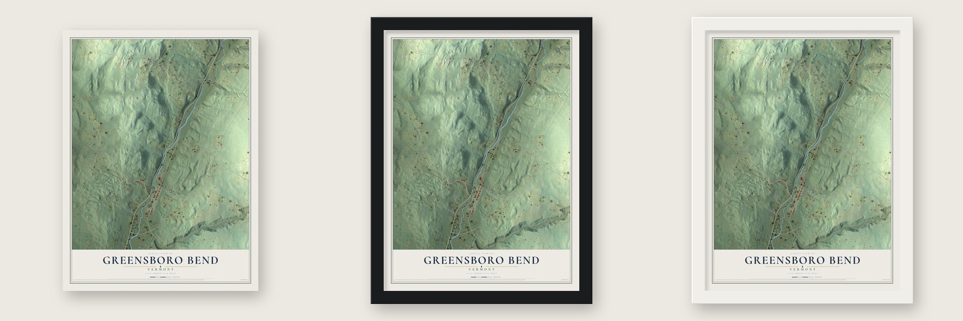 Greensboro Bend, Vermont map unframed, in a black wood frame and in a white wood frame