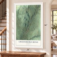 Greensboro Bend, Vermont map, 24 x 36 inch print in a white frame by a staircase
