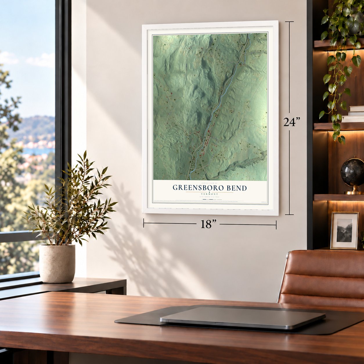 Greensboro Bend, Vermont map, 18 x 24 inch print in a white frame in a home office