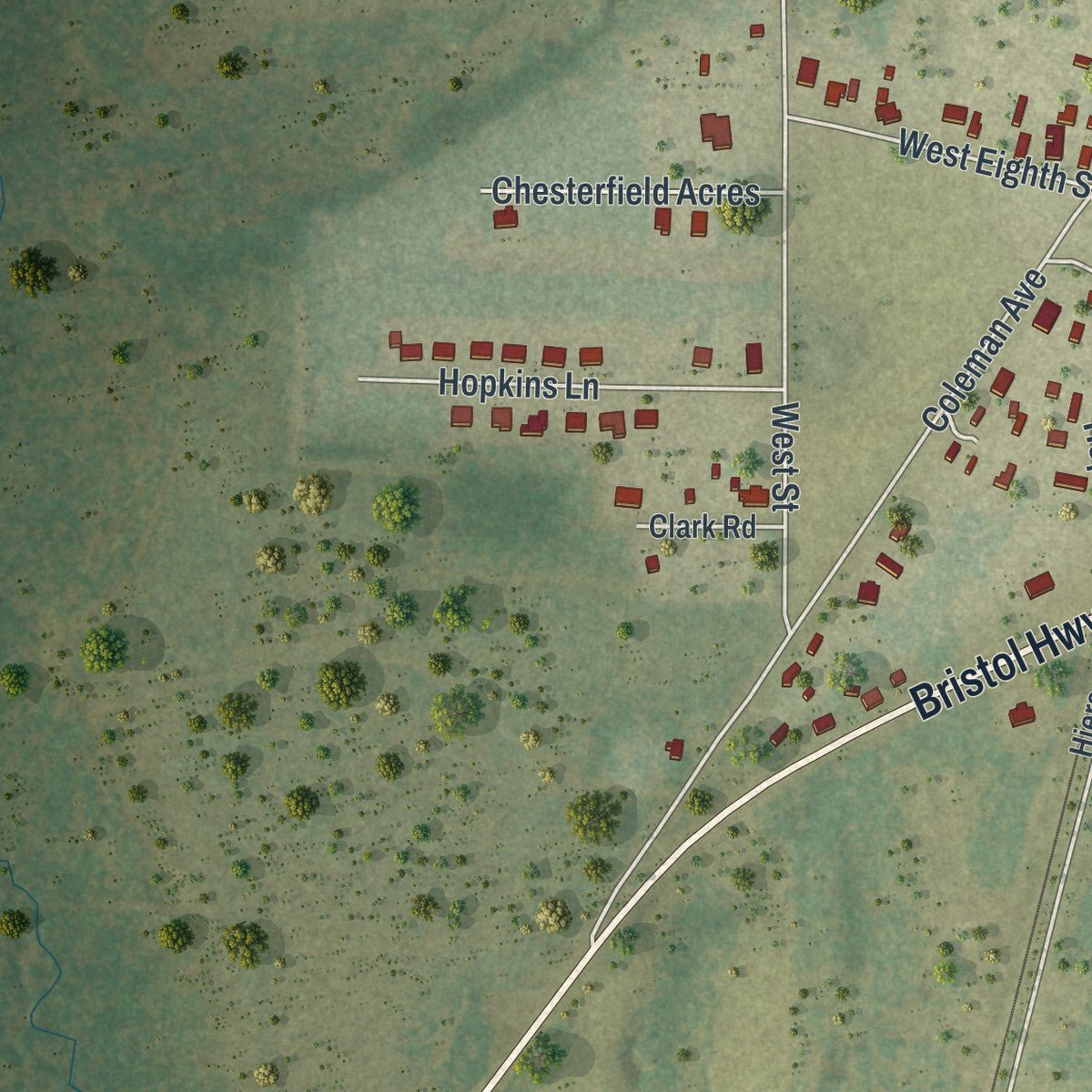 Second close-up of the map of Greensboro, Florida print showing more streets and buildings