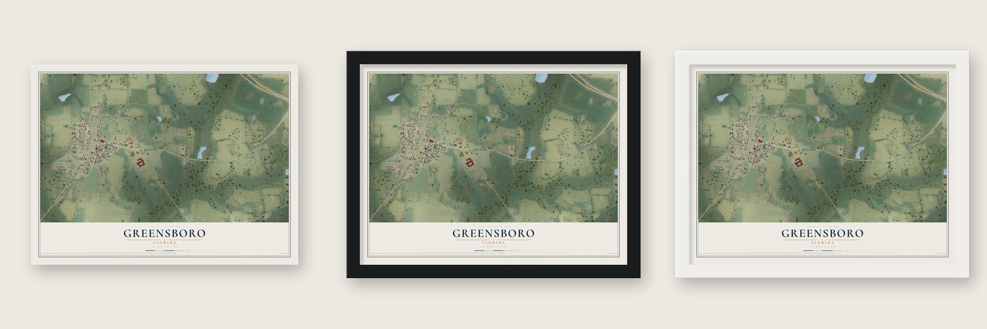 Greensboro, Florida map unframed, in a black wood frame and in a white wood frame