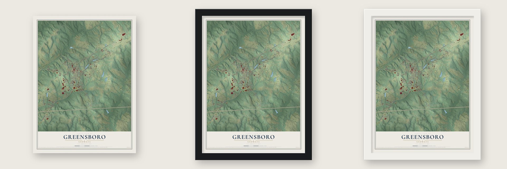 Greensboro, Georgia map unframed, in a black wood frame and in a white wood frame
