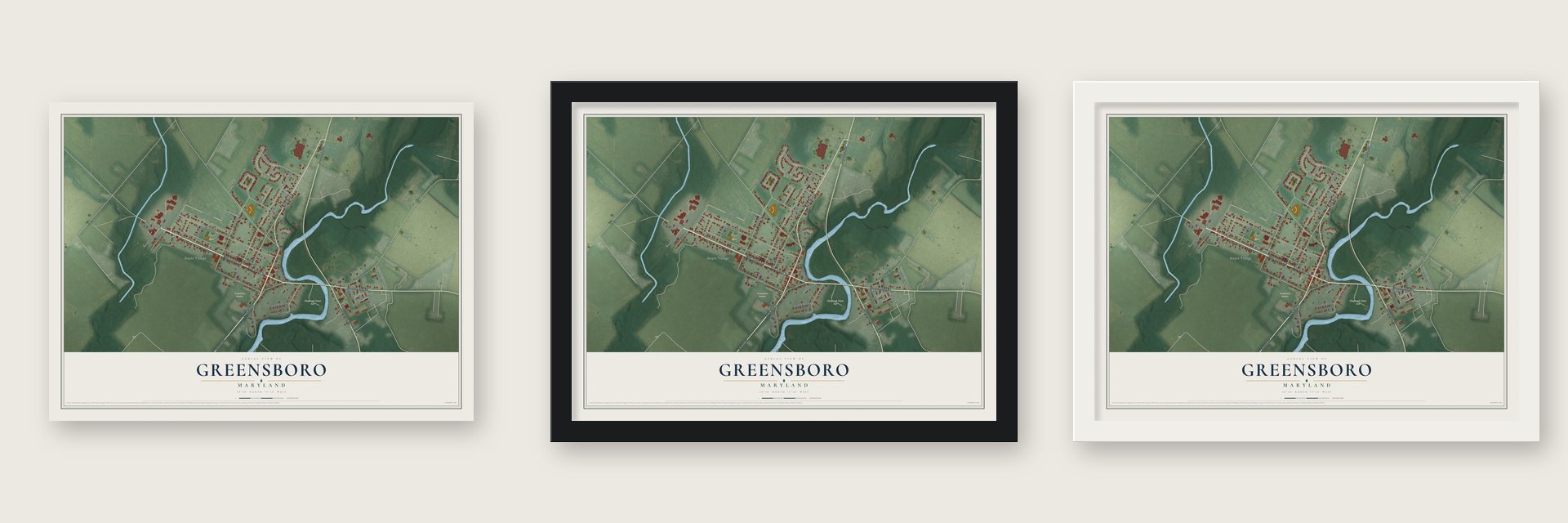 Greensboro, Maryland map unframed, in a black wood frame and in a white wood frame