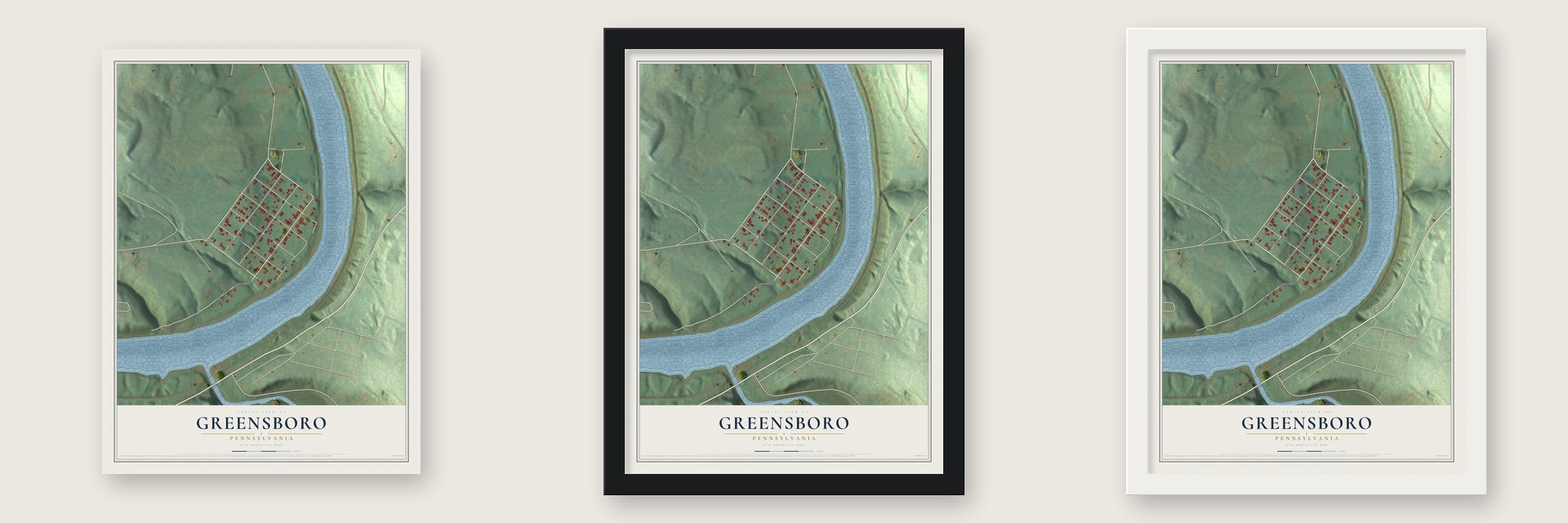 Greensboro, Pennsylvania map unframed, in a black wood frame and in a white wood frame