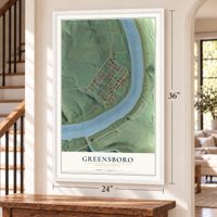 Greensboro, Pennsylvania map, 24 x 36 inch print in a white frame by a staircase